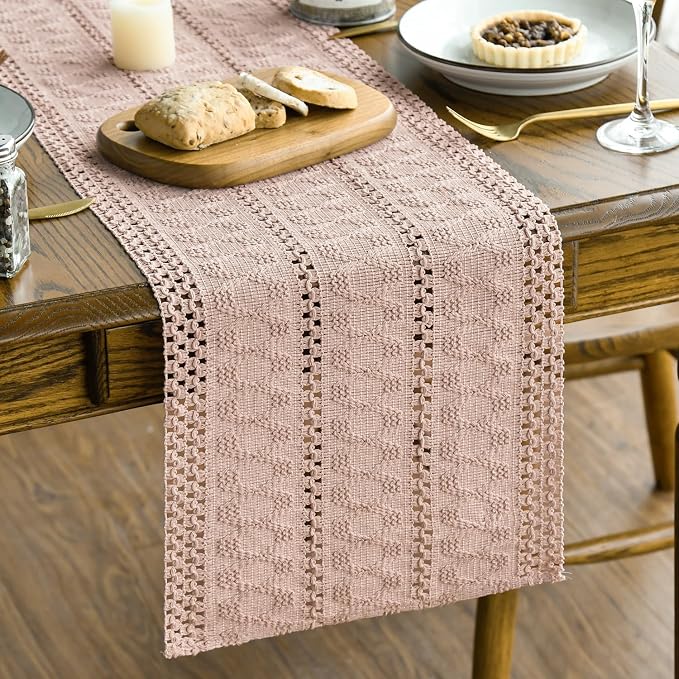 Artoid Mode Pink Farmhouse Woven Rustic Hollow Table Runner, Seasonal Holiday Hollow Kitchen Dining Table Decoration for Home Party Decor 12x60 Inch