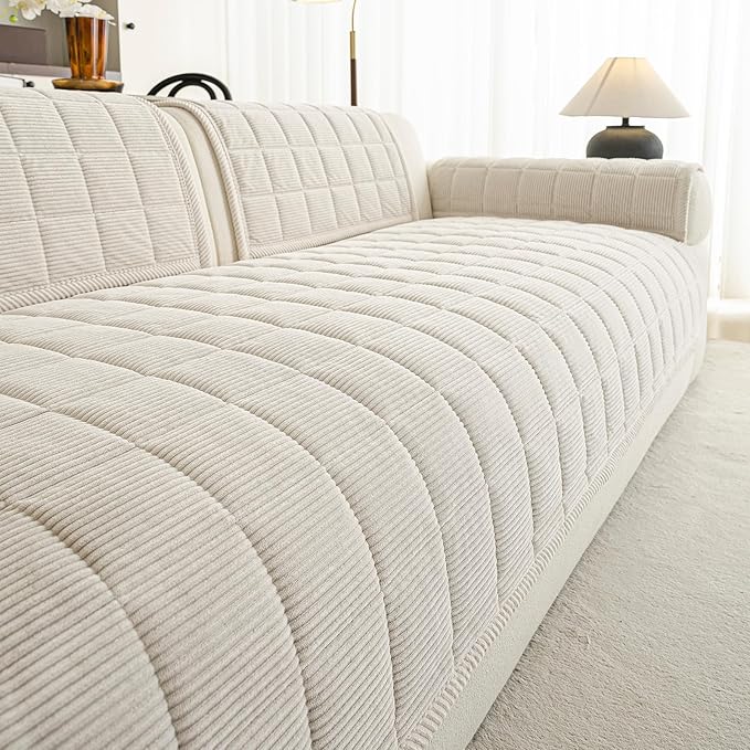 Velvet Couch Covers for Sectional Sofa Washable, Non-Slip L Shaped Sectional Couch Cover, Soft Pet Couch Covers for Sofa, Furniture Slipcovers for 3 Cushion Couch(1PC,35"x83",Beige White)