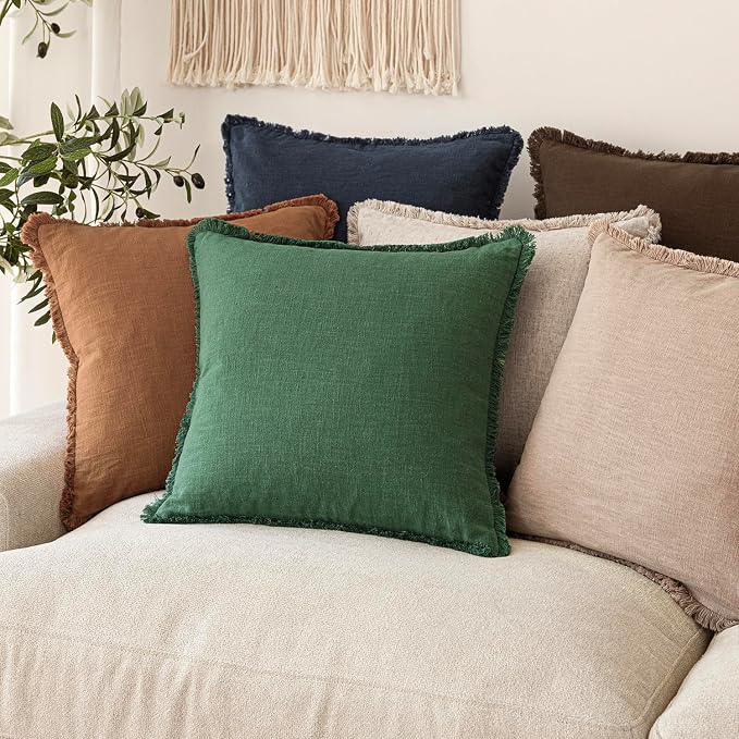 Foindtower Set of 2 Decorative Linen Fringe Throw Pillow Covers Cozy Boho Farmhouse Cushion Cover with Tassels Soft Accent Pillowcase for Couch Sofa Bed Living Room Home Decor, 20×20 Inch, Pine Green