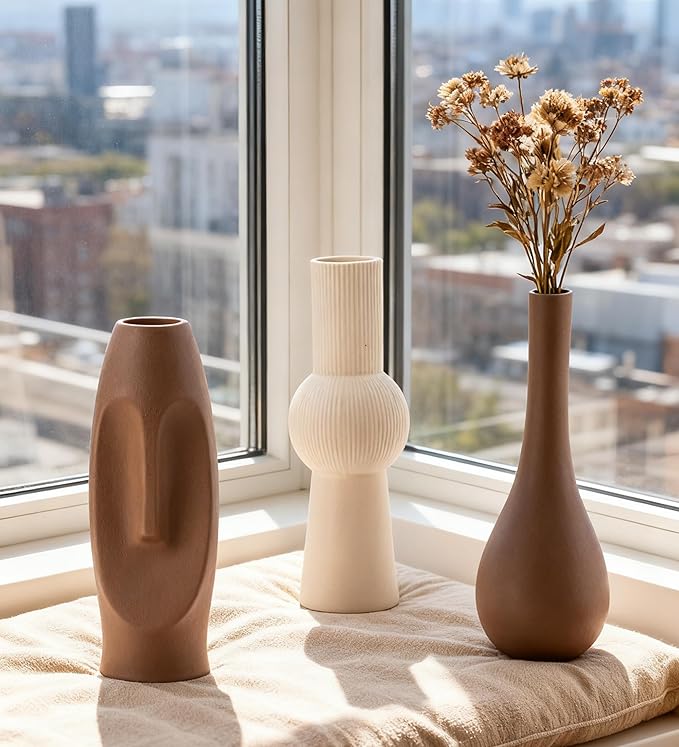 Ceramic Vase Set of 3 Home Decor Modern Farmhouse Style Living Room Ornament Dining Table Room Pottery Small Vases for Dried Flowers Colorful