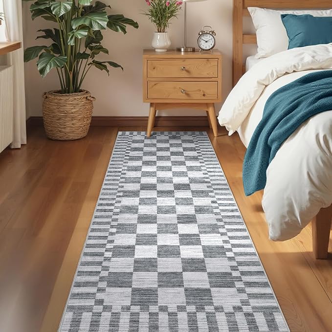 GarveeHome 2×5 Kitchen Runner Rug Non Slip,Grey Checkered Rug,Washable Runner Rug for Hallway Soft Low-Pile Geometric Checkerboard Rugs for Entryway Kitchen Dining Room