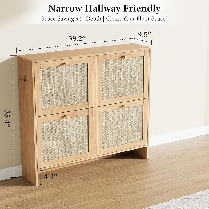 Nicetree Shoe Cabinet Storage for Entryway, 4-Flip Drawer Narrow Shoe Rack with Adjustable Shelves, Boho Modern Square Rattan Shoe Organizer, Slim Wood Storage Cabinets for Small Spaces Fits Size 13.5