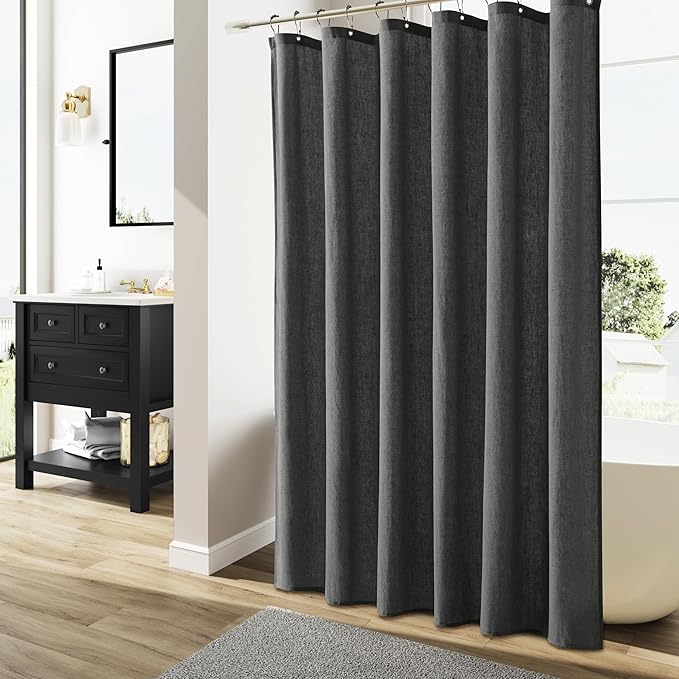 Naturoom Dark Grey Linen Shower Curtain, Country Boho Farmhouse Bath Decor Shower Curtains Neutral Cloth Weighted Textured Fabric Bath Curtain Liner with Hooks, 72x96