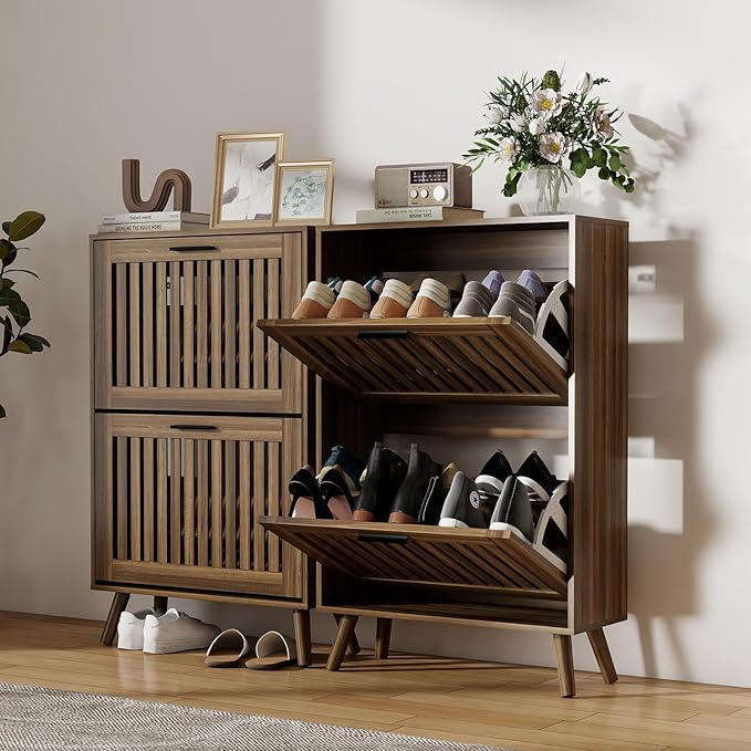 Vibe & Dine Shoe Cabinet with 2 Flip Drawers, Fluted Shoe Storage Cabinet for Entryway Slim, Free Standing Shoe Rack Organizer with Wave Doors for Hallway, Bedroom, Grey