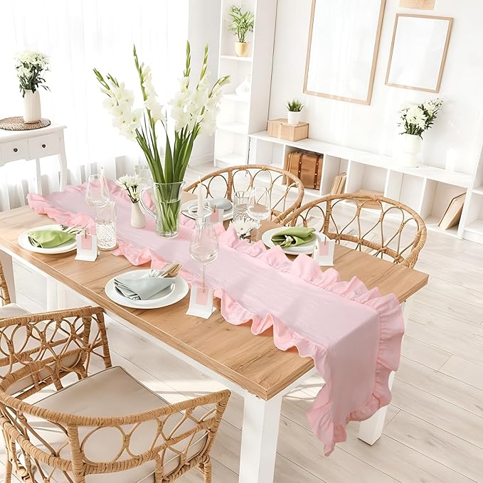 Pink Ruffled Table Runner 72 Inches Long Scalloped Table Runner Rustic Cotton Tabletop Farmhouse Decor for Baby Shower Bride Shower Birthday Party Holiday Wedding (Solid Color)