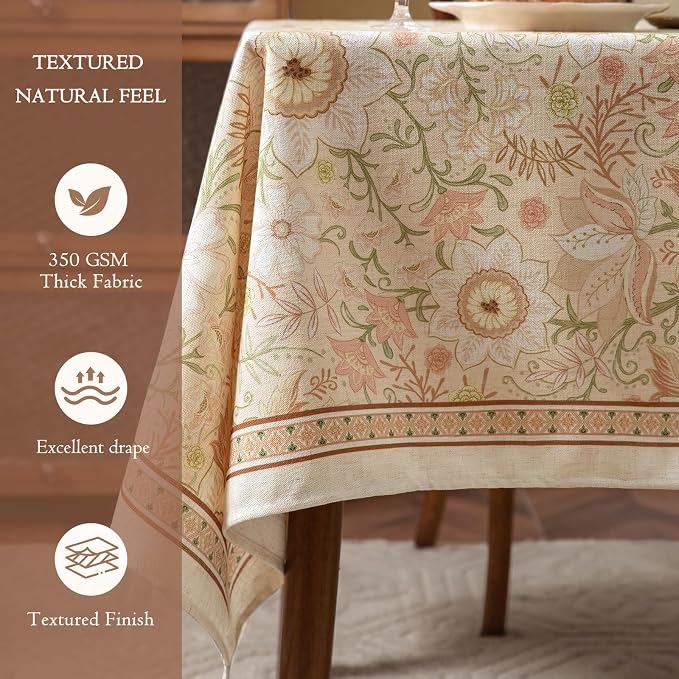 French Thick Linen Tablecloth for Rectangle Tables, Pink Floral Waterproof Wipeable Decorative Table Cover for Dining Kitchen Indoor Outdoor, 67" x 118" 10-12 Seats