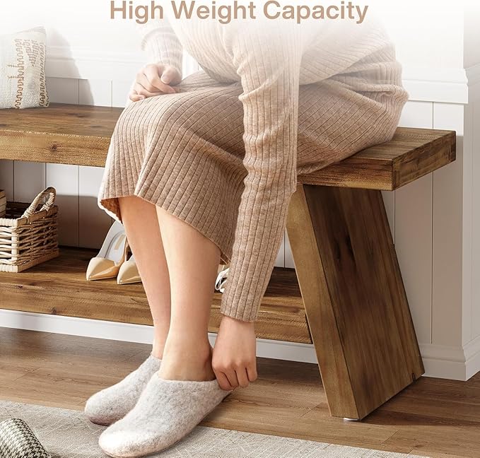 Entryway Bench with Shoe Storage, 2-Tier Hallway Solid Wood Seating with Open Shelves, Wooden Shoe Bench Indoor for Entryway, Living Room, Bedroom (Rustic Brown)