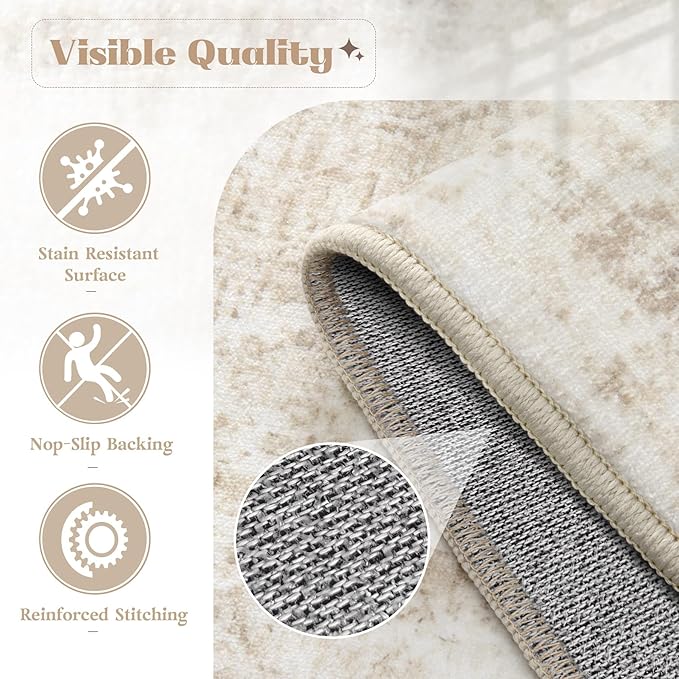 Area Rug 3x5 Washable Rug, Vintage Boho Medallion Entryway Rug Non-Slip Soft Low Pile Small Distressed Floor Carpet Retro Doormat for Kitchen Bedroom Laundry Bathroom Hallway (Beige, 3'x5')