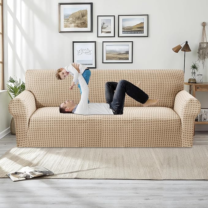 MAXIJIN Stretch Couch Cover Sofa Covers for 3 Cushion Couch (71"-91" Washable Sofa Slipcovers with Non-Slip Foam & Elastic Strap, Dog Cat Pet Friendly Furniture Protector (Large, Khaki)