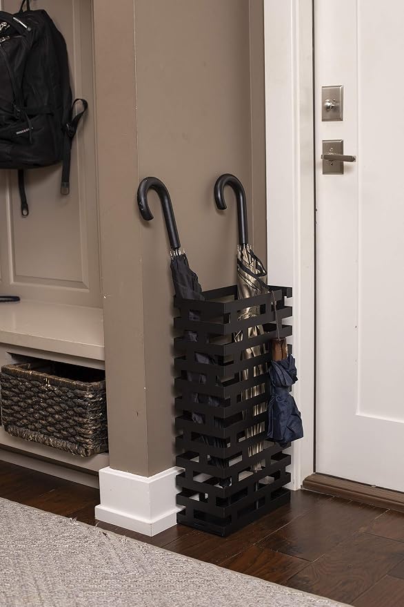 BIRDROCK HOME Decorative Umbrella Stand with Removable Water Tray - Large Freestanding Umbrella Rack and Cane Walking Stick Organizer - Metal Umbrella Holder for Entryway & Indoor Use - Black, Striped