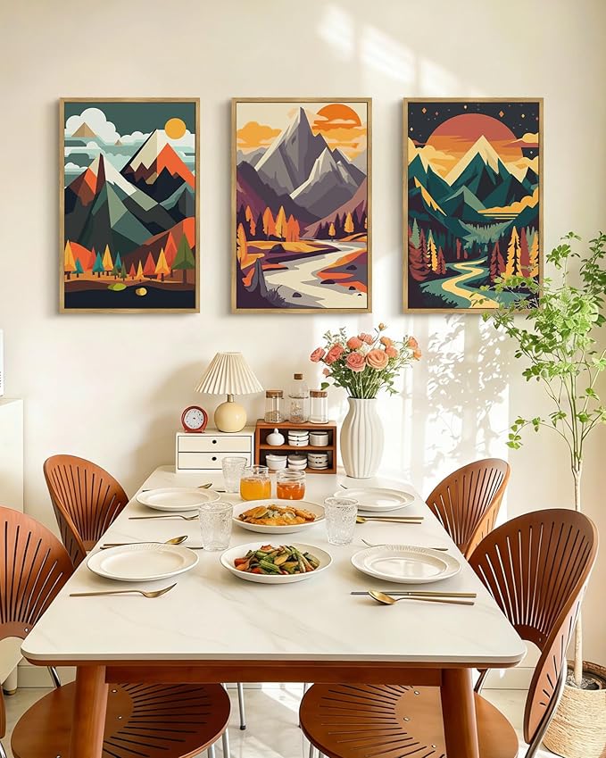 PHOPAGO Mountain Framed Wall Art Large 16x24in Forest Wall Decor Nature Landscape Art Prints for Home Office Bedroom Decor - Natural Framed