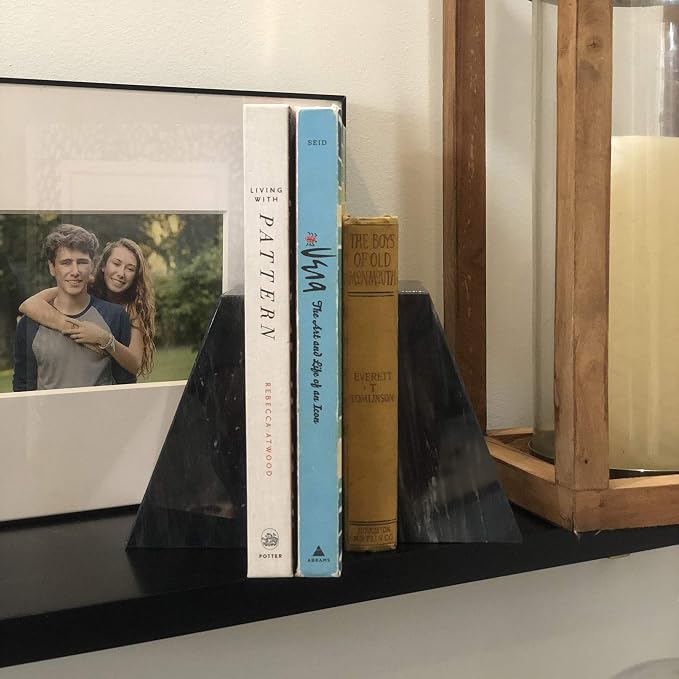 Fox Run 100% Natural Polished Marble Bookends, Black, Set of 2, Triangular Bookends for Heavy Books