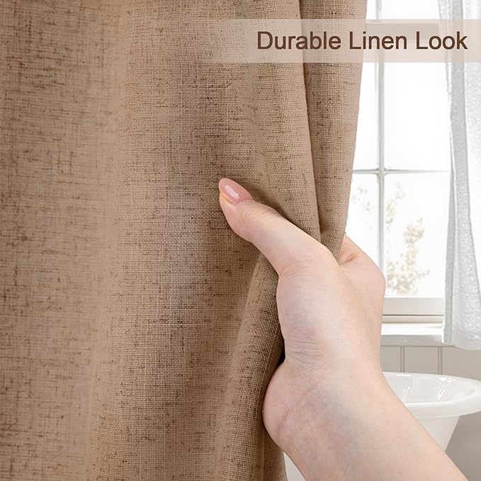 Brown Linen Shower Curtain for Bathroom, Neutral Boho Farmhouse Textured Fabric with Hooks, 72 x 72
