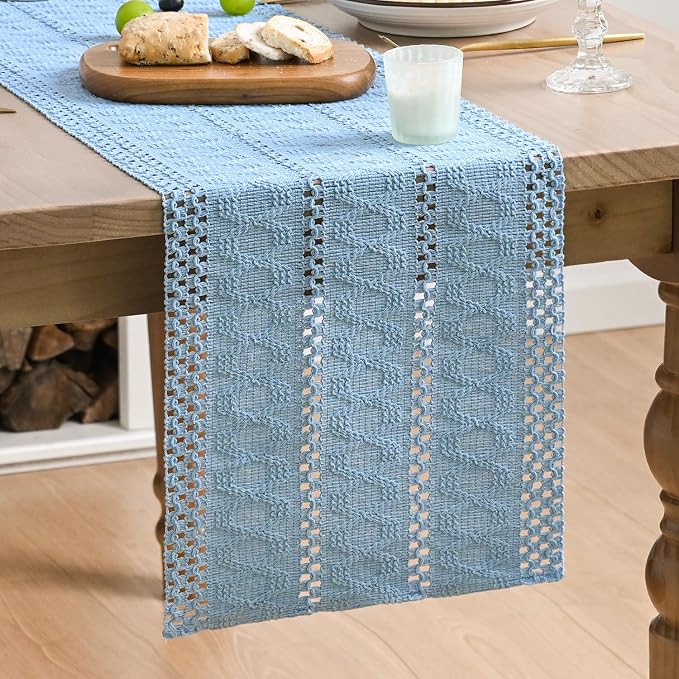 Artoid Mode Sky Blue Farmhouse Woven Rustic Hollow Table Runner, Seasonal Holiday Hollow Kitchen Dining Table Decoration for Home Party Decor 12x90 Inch