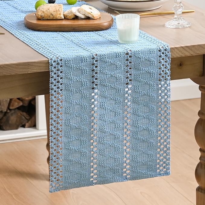 Artoid Mode Sky Blue Farmhouse Woven Rustic Hollow Table Runner, Seasonal Holiday Hollow Kitchen Dining Table Decoration for Home Party Decor 12x48 Inch