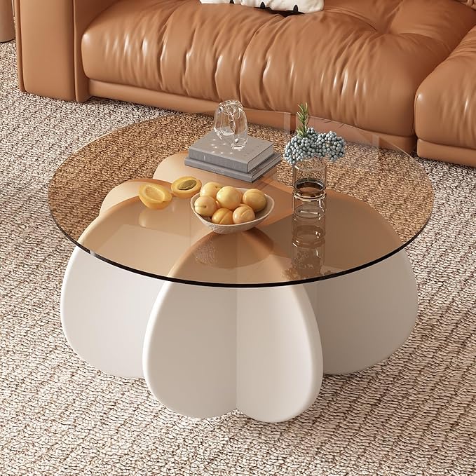 Glass Coffee Table, Mid Century Modern Design, 31.5'' Modern Round Tempered Glass Coffee Tables for Living Room, Cocktail Table for Small Space Home Office. (White + Brown)