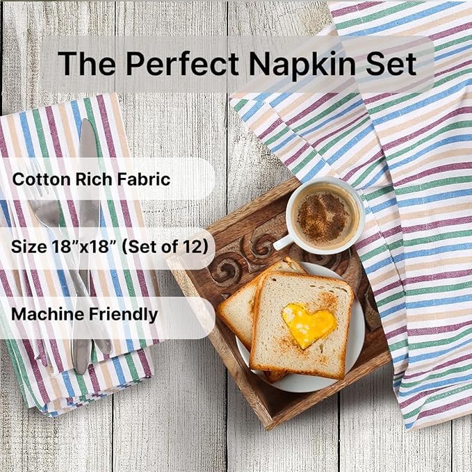 LFH Home 100% Cotton Cloth Salsa Napkin Set of 12 Washable Soft Durable Striped Napkins for Dining Wedding Parties & Daily Use, Reusable Eco-Friendly Fabric Napkins (18x18)-Multi Thanks Giving