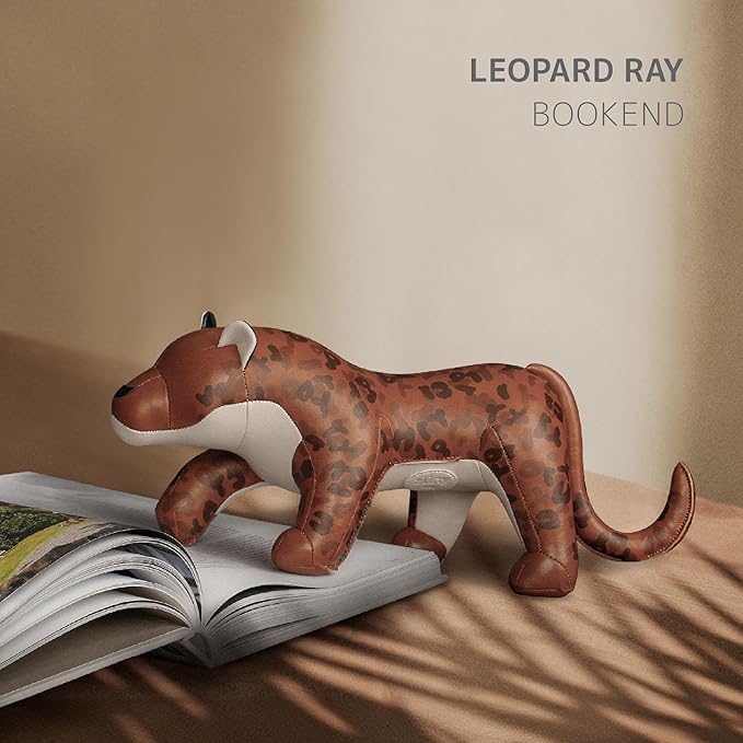Zuny Bookend Leopard Ray, Leather Bookends for Shelves and Heavy Books, Handmade Animal Panther Home Decor, Gaze Series, Rosettes Print(Tan)+Wheat
