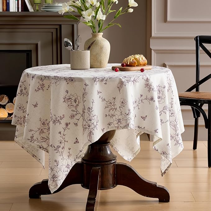Linen Square Tablecloth 55x55 Inch Floral Table Cloth with Purple Flowers Pattern Burlap Textured Farmhouse French Rustic Vintage Outdoor Table Cover for Picnic,Dining,Party,Home Decor