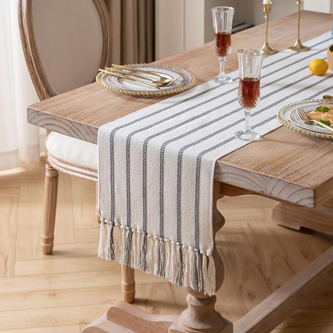 Caflife Boho Table Runner 72 Inchs Long Grey and Beige, Cotton and Linen Woven with Tassels, for Modern Rustic Farmhouse Neutral Table Runners, Bohemian Kitchen Dining Table Home Decor