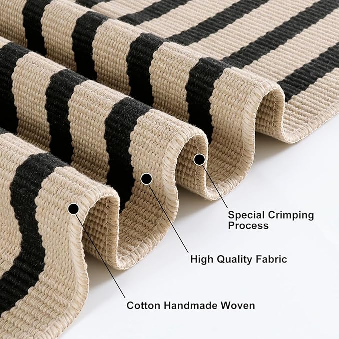KIMODE Front Door Mats 24"x51", Machine Washable Farmhouse Front Porch Rug Decor, Striped Layered Door Mats Outdoor, Cotton Hand Woven Entryway Rug for Entry, Doorway, Kitchen Black and Khaki
