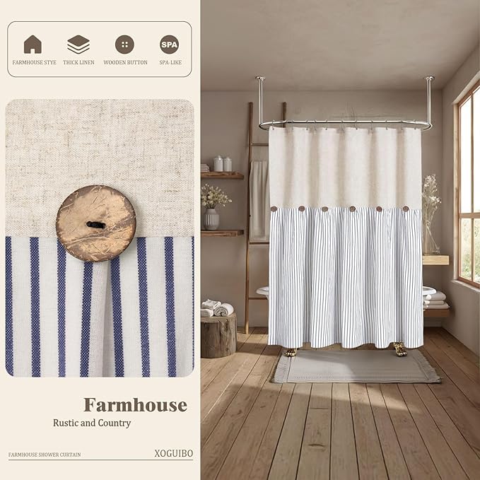 Farmhouse Shower Curtain Linen Button Woven Fabric Country Rustic Western, Pleated Blue Stripe 72" W x 72" L