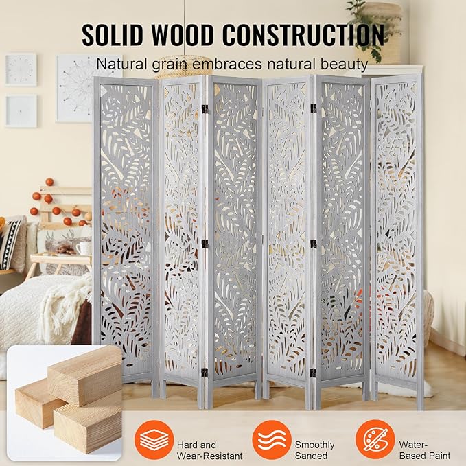 VEVOR Wood Room Divider, 6 Panel Wood Folding Privacy Screen, 66.9 Inches Tall Indoor Carved Partition Divider, Portable Decoration Screen, for Room Separation, Home, Office, Restaurant & Bedroom