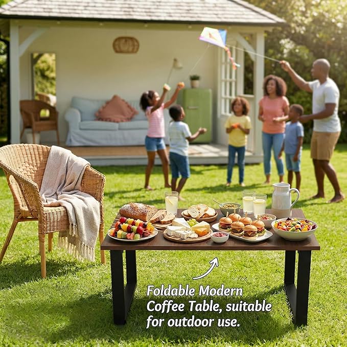 Walnut Folding Coffee Table: 35.5in Rustic Industrial Coffee Table, No Assembly Required, Modern Minimalist & Easy Storage Compact Design for Living Room, Bedroom, Home Office, Brown