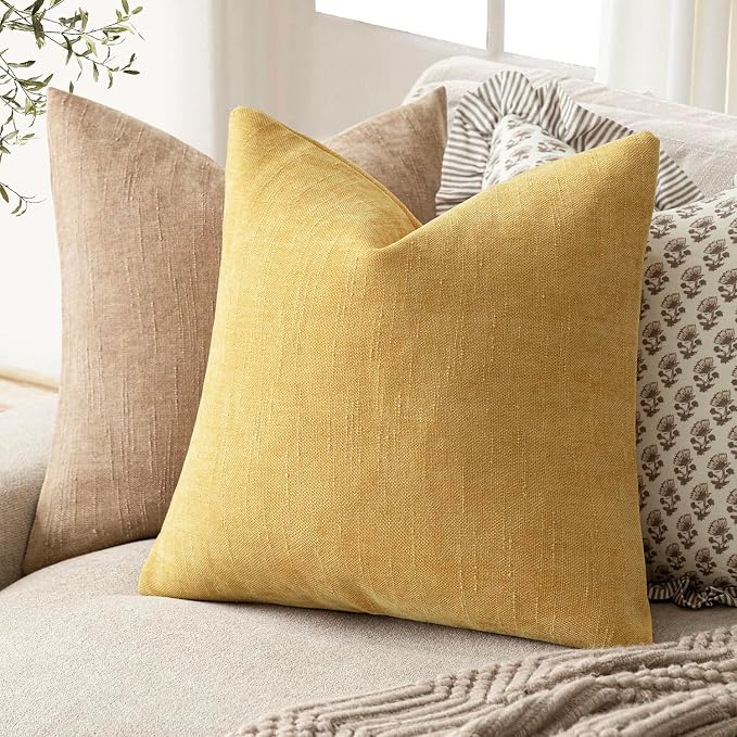 Foindtower Pack of 2 Soft Textured Chenille Throw Decorative Pillow Covers Square Accent Solid Cushion Cover Cozy Neutral Farmhouse Pillow Case for Couch Sofa Bed Living Room 20x20 Inch,Light Yellow