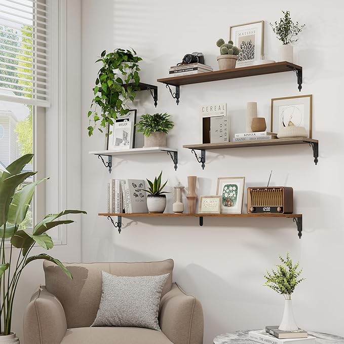 RICHFOCUS Floating Shelves for Wall Decor, 31.5W x 8D Shelves Set of 2, 8" Deep Rustic Wood Floating Shelves Wall Mounted with Brackets, Shelves for Living Room Bedroom Kitchen, Rustic Brown