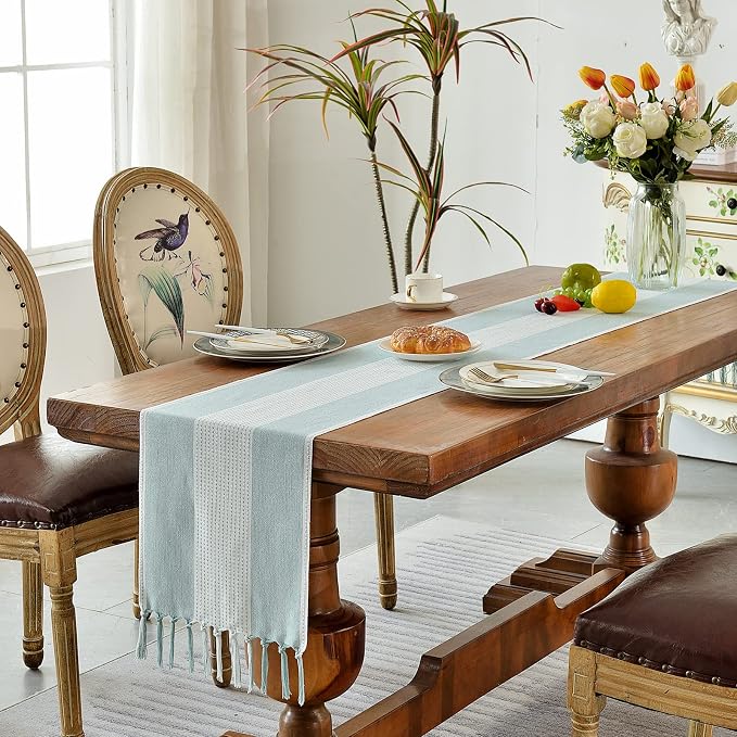 Wracra Linen Table Runner, Farmhouse Macrame Table Runners 36 Inches Long for Dining Table Decor, Wedding, Party and Dresser Decor (Aqua Blue,36")