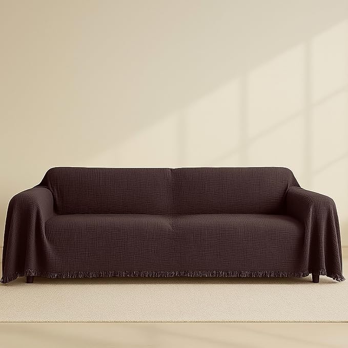 Oversize Gauze Couch Cover %100 Pure Cotton, Natural Couch Covers for 4 Seater, Sectional Sofa, Extra Large 4 Layered Muslin Fabric, Cloud Like Washable Couch Cover (Brown, 95x165" / 240x420 cm)