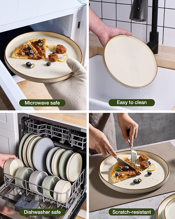 Famiware Star 18-Piece Stoneware Plates and Bowls Sets, Service for 6, Ceramic Dinnerware with Trim, Modern Rustic Dishes for Everyday/Formal, Chip/Scratch Resistant, Microwave/Dishwasher Safe, Cream