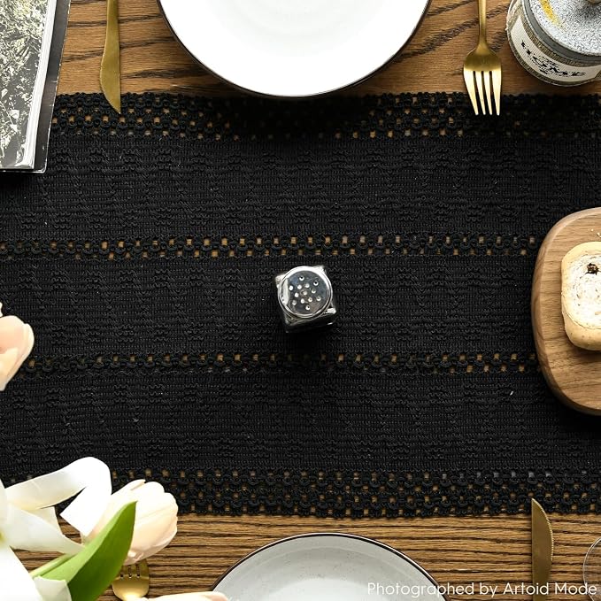 Artoid Mode Black Farmhouse Woven Rustic Hollow Table Runner, Seasonal Holiday Hollow Kitchen Dining Table Decoration for Home Party Decor 12x120 Inch