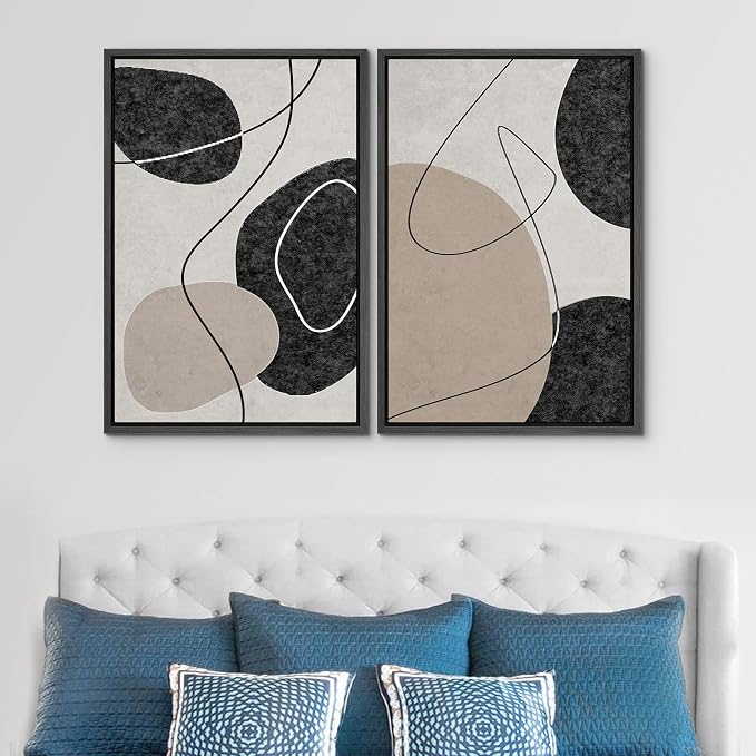 SIGNWIN Framed Canvas Print Wall Art Set Mid-Century Black Tan Circle Rings Abstract Shapes Illustrations Modern Art Decorative Contemporary for Living Room, Bedroom, Office - 24"x36"x2 Black