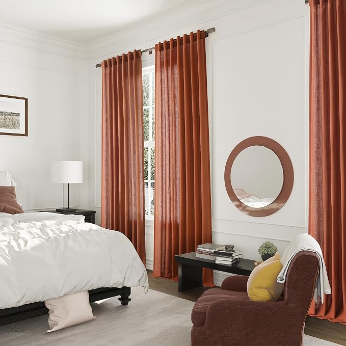 Joywell Linen Curtains 120 Inches Length Long Rod Pocket/Back Tab/Hook Belt/Clip Rings Semi Sheer Window Curtains Boho Farmhouse Drapes for Bedroom Living Room 2 Panels Set,52x120,Terracotta