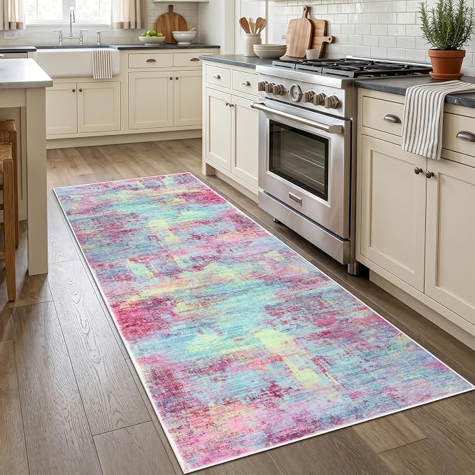 IOHOUZE Abstract Runner Rug 3x7 Ft Washable Runners for Hallways, Non Slip Kitchen Runner Printed Faux Wool Entryway Runner Indoor, Modern Abstract Floor Carpet for Hall Kitchen Bedroom, Pink Teal