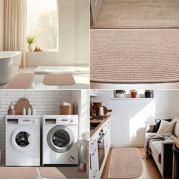 Dunzy Waffle Bath Mat Set of 2 Boho Bathroom Rugs Set 16" x 24" Half Circle Non Slip Washable Absorbent Bath Rugs for Bathroom Floor Tub Soft Quick Dry Shower Mat for Home Farmhouse Boho Kitchen Decor