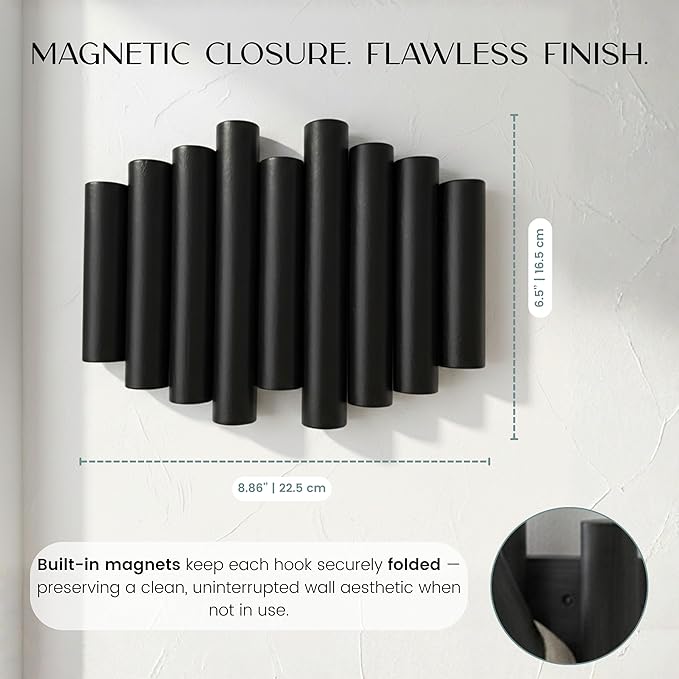 Bamboo Piano Coat Rack Wall Mount Pivoting Retractable Wooden Hooks for Entryway Hallway Mudroom Bedroom Bathroom | Matte Black Wood Hanger, 3 Hooks, Space Saving Organizer