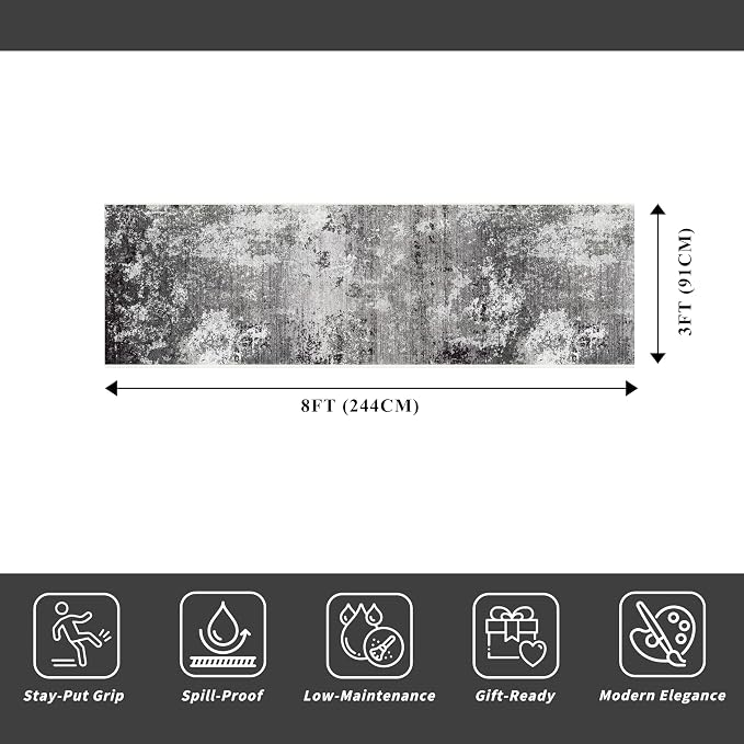 3x8 Washable Hallway Runner Non-Slip Abstract Modern Neutral Wide Carpet Runner for Kitchen Floor, Entryway, Bedroom, Living Room Soft Low-Pile Thin Rubber Backing (Black Grey, 3x8)