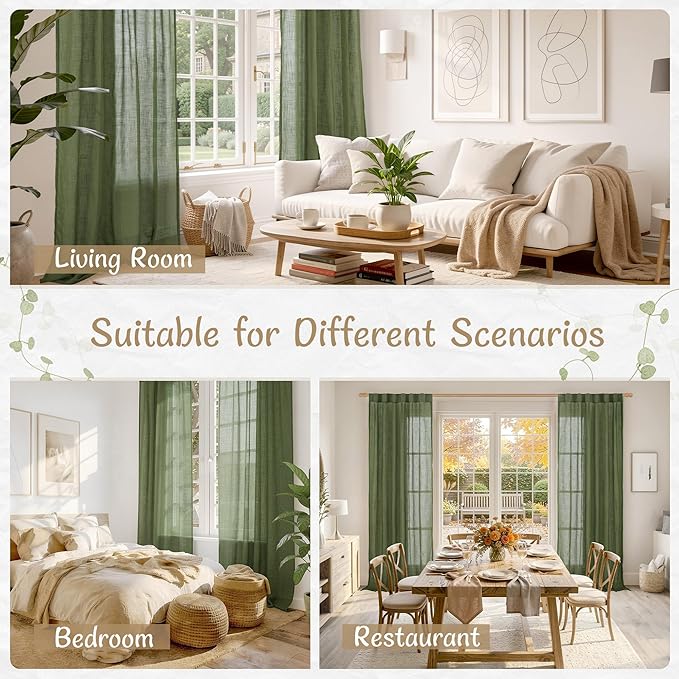LAMIT Olive Green Linen Semi Sheer Curtains 63 Inch Length 2 Panels, Light Filtering Bedroom Panels Back Tab and Rod Pocket Christmas Window Drapes for Kitchen/Windows/Dining Room, 34 x 63 Inch