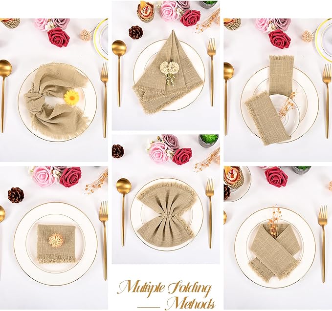 36 Pack Handmade Cloth Napkins with Fringe,16 x 16 Inch Cotton Linen Napkins, Washable and Reusable Napkin, Soft Rustic Boho Fringe Cloth Napkin for Dinners, Party, Wedding (Caramel)