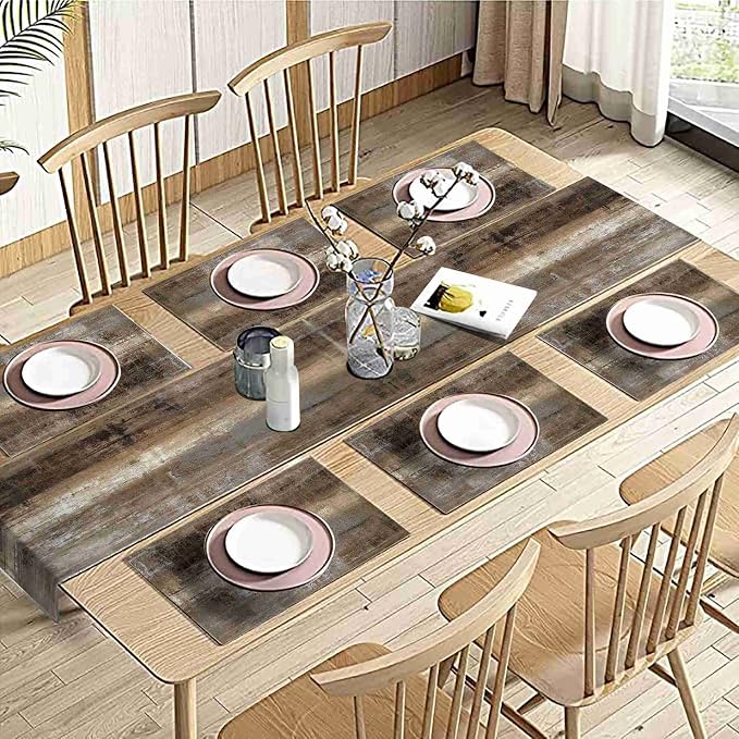 Brown and Grey Abstract Modern Table Runner 108 Inches Long with Place Mats Set of 7 Retro Art Painting Graffiti Linen Dining Mat Sets Washable Vintage Tabletop for Home Decorations