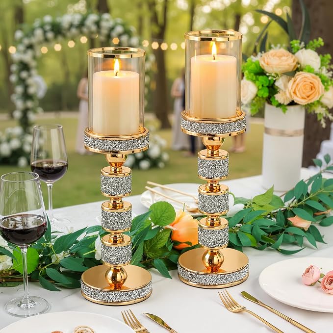 Hurricane Candle Holder, 15.9" Tall Metal Candle Stand, Glass Pillar Candle Holders, Crystal Gold Decorative Centerpieces for Table, Wedding and Dining Room (Fits Candles up to 3"x5", 2pcs, L)