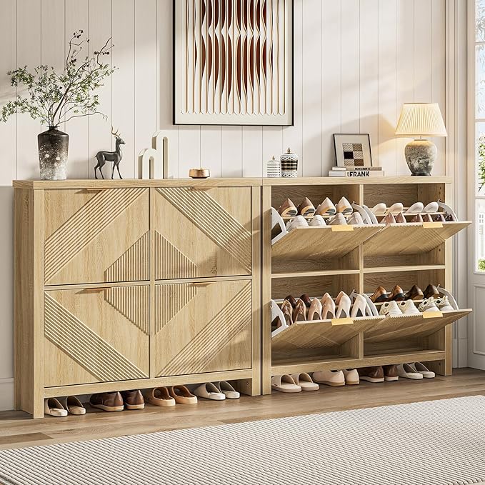 ONBRILL Shoe Cabinet with 4 Flip Drawers, 16-24 Pairs Shoe Organizer with Symmetric Groove Pattern, Freestanding Slim Hidden Shoe Storage Cabinet for Entryway, Hallway (Natural Oak)