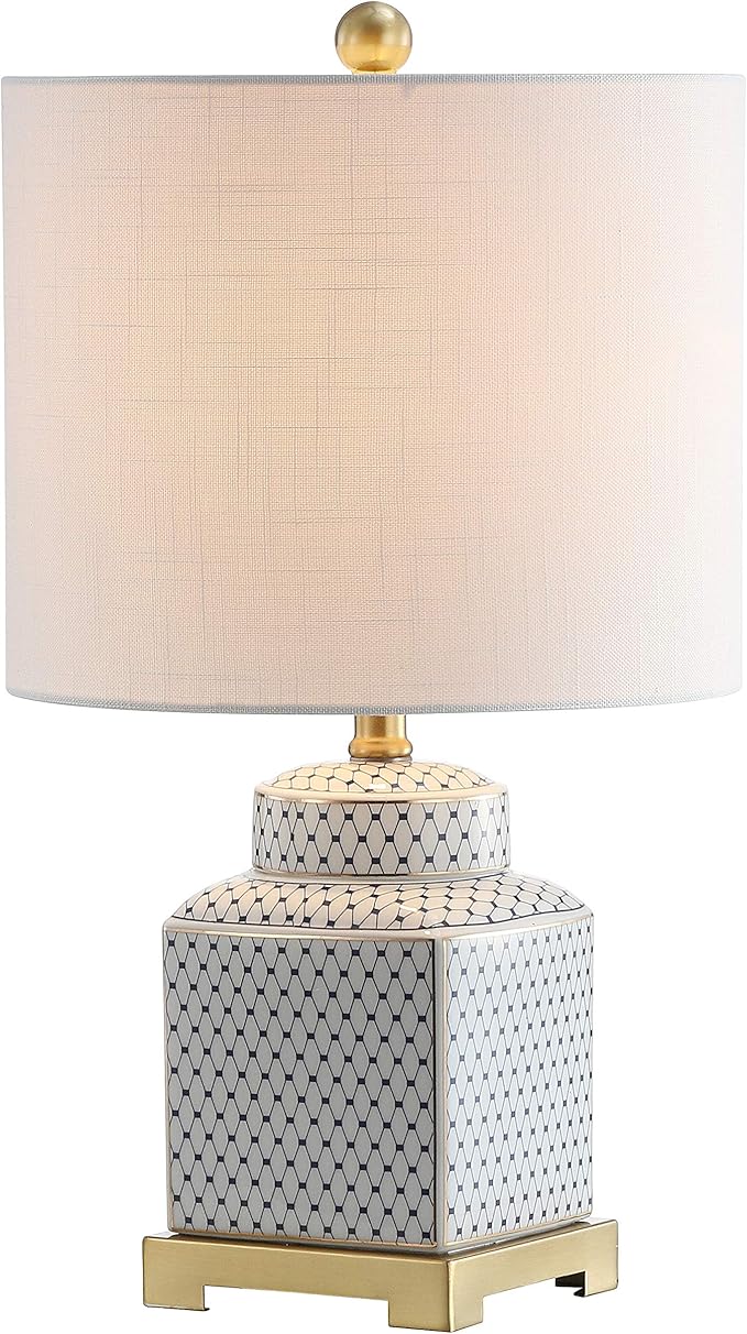 JONATHAN Y 21.5" White and Navy Blue Ceramic Ginger Jar LED Table Lamp, Modern Chinoiserie Fishnet Pattern with White Linen Shade and Brass Gold Base, LED Bulb Included JYL3043A