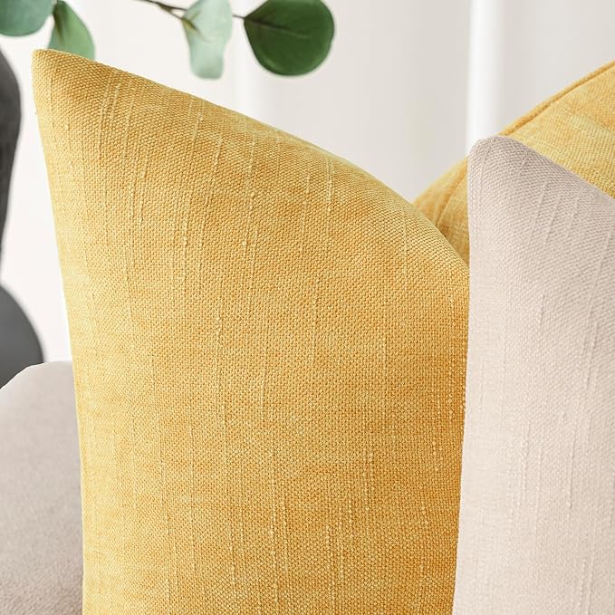 Foindtower Pack of 2 Cozy Textured Chenille Throw Decorative Pillow Covers Square Accent Solid Cushion Cover Neutral Farmhouse Pillow Case for Couch Sofa Bedroom Living Room 24x24 Inch,Light Yellow