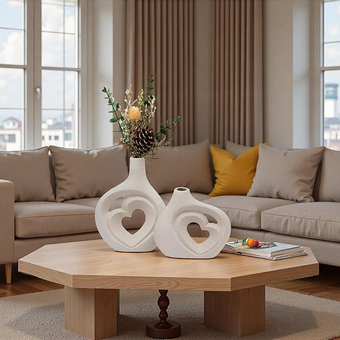 Cream White Ceramic Heart Shaped Vases Set of 2 for Decor, Nordic Flower Vase for Home, Table Centerpiece, Wedding, Living Room, Bookshelf, Office, Entryway (H 8.5in)