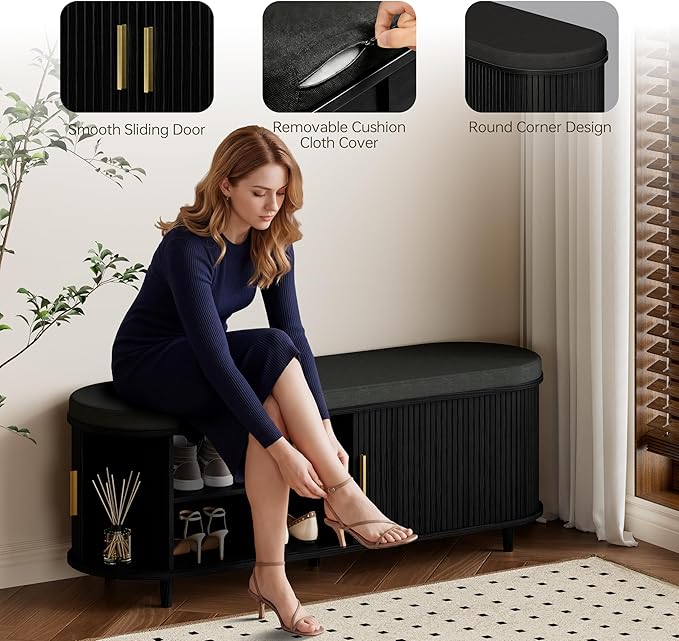 DHH 2-Tier Storage Bench,Wide Shoe Bench with Thickened Padded Seat Cushion, Mid Century Modern Fluted Sliding Door and Adjustable Shelf, for Entryway, Living Room, Bedroom (Black, 51.2”)
