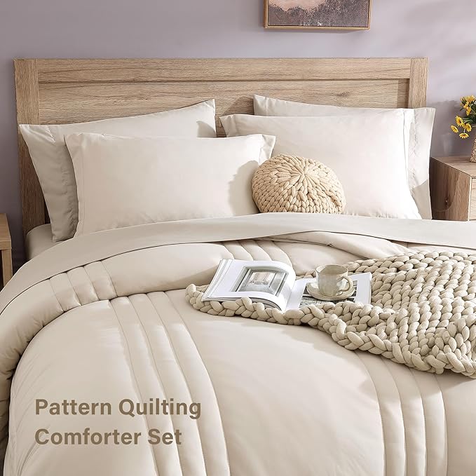 Monbix King Size Comforter Set - 7 Pieces Bed in a Bag King, Apricot Beige King Bedding Sets with Comforter, All Seasons Comforter Bed Set with Sheets, Pillowcases & Shams